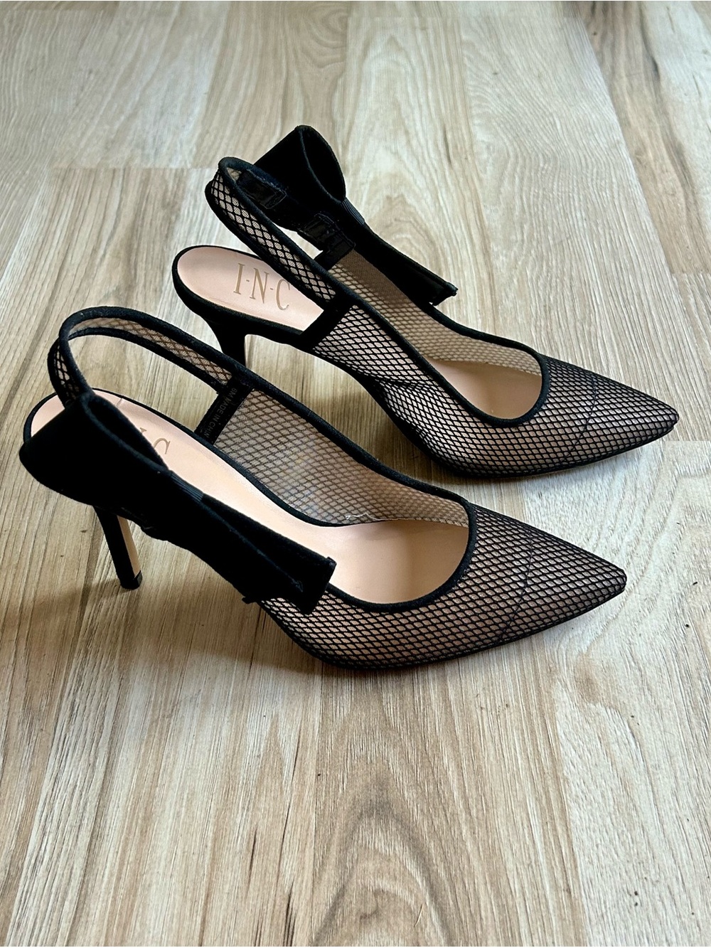 INC Black Fishnet Slingback Heels, Mesh Pumps, Bow Detail, Pointed Toe, Size 6